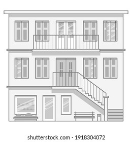Three floored house with balcony and staircase in flat style. Vector illustration in gray color isolated on white background.