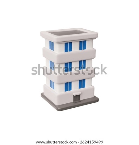 Three floors building 3D plastic style vector illustration. Cartoon isometric white house, hotel or office apartment isolated. Volumetric real estate and government construction. Kids resident toy