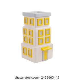 Edificio de tres pisos de Ilustración vectorial estilo 3D. Casa isométrica de dibujos animados, hotel o apartamento de oficina aislado. Construcción inmobiliaria con icono de decoración amarilla. Volumen niños residentes. Ilustración 3D