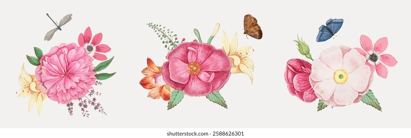 Three floral arrangements with pink, red, and white flowers. Butterflies and a dragonfly add charm. Delicate petals and vibrant colors enhance the floral theme. Spring flower illustrations, vectors.