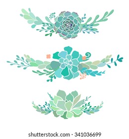 three floral compositions with succulent plants, vector illustration