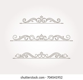 Three floral design elements and fancy page borders. Vector illustration