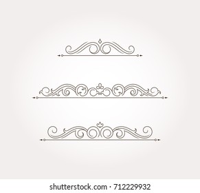 Three floral design elements and fancy page borders. Vector illustration