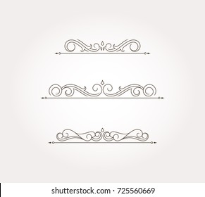 Three floral design elements and fancy page borders. Vector illustration