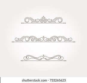 Three floral design elements and fancy page borders. Vector illustration