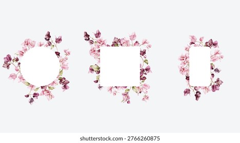 Three floral frames featuring watercolor-style Bougainvillea flowers