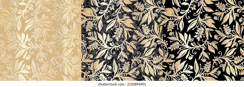 Three Floral seamless patterns with abstract leaves and berries in gold, black, beige and gray. Designs for wallpapers, textiles, fabrics.
