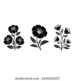 Three floral silhouette illustrations isolated on white background