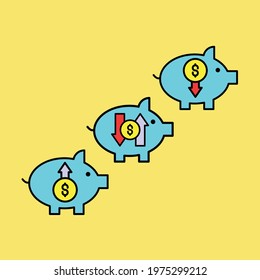 Three flow piggy bank Illustration. modern simple vector icon, flat graphic symbol in trendy flat design style. wallpaper. lockscreen. pattern. frame, background, backdrop, sign, logo.