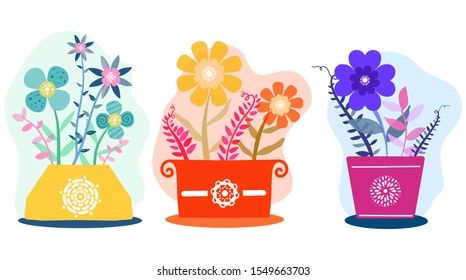 Three flower pots collection, hand drawn vector
