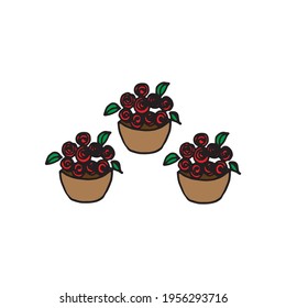 three flowerpot icon on white background. red flower with green leaf in the brown pot. houseplant illustration. hand drawn vector. doodle art for logo, label, clipart, sticker, wallpaper, poster,cover