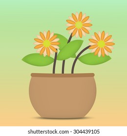Three Flowers in Big Pot Vector Illustrations.
