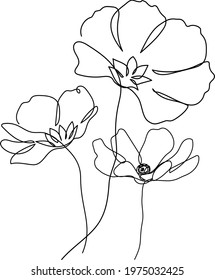 Three flowers in continuous one line drawing. Vector illustration. Modern minimalist art.