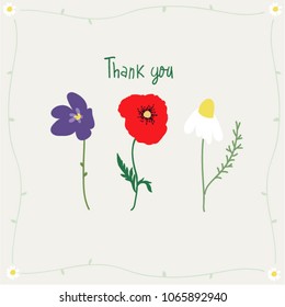 Three Flowers Greeting Card. Violet Flower, Red Poppy And Chamomile. Thank You Card With Light Background. 