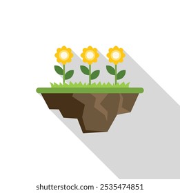 Three flowers are growing on a floating island with grass and cracks with a long shadow