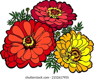  Three flowers with leaves. Two red and one yellow flowers. Color vector graphics. Black contour.