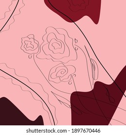 Tres flores en un fondo rosado. Ilustración vectorial plana de un ramo abstracto de rosas. Dibujo a mano a partir de formas y líneas. Diseño para tarjetas, textiles, camisetas, fondos, carteles.