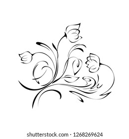 three flowers on the stems with leaves in full growth in black lines on a white background