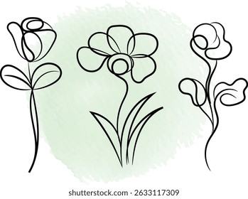 Three flowers in one line style with a light green watercolor background.