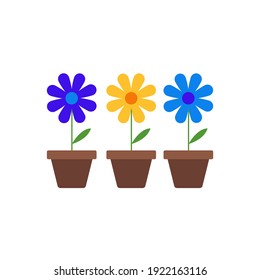 Tres flores en macetas aisladas de fondo blanco. Plantas pulidas de estilo plano. Ilustración del vector