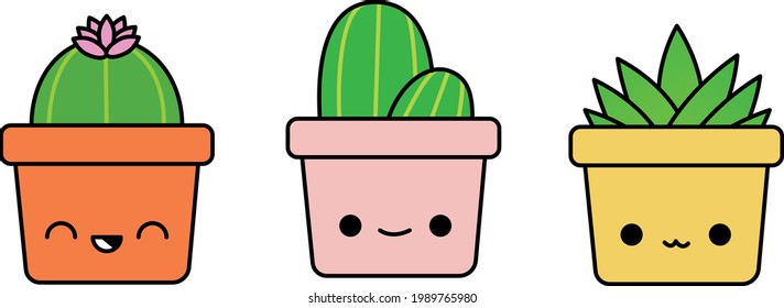 Three flowers in pots isolated on white background. Potted plants in flat style. Vector illustration