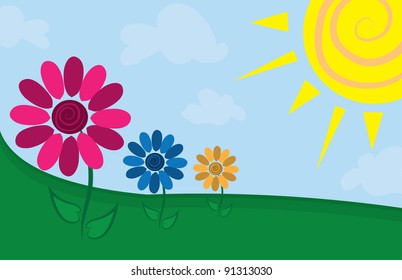 Three flowers in a sunny field