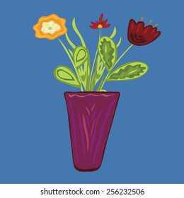 Three flowers in vase on turn blue background, vector