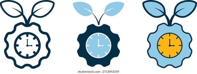 Tres iconos de reloj en forma de flor con acentos de hoja, cada uno mostrando 3:00. Simboliza los ciclos de tiempo naturales, el crecimiento sostenible y la ecoproductividad. Ideal para tecnología verde y efectos visuales editoriales.