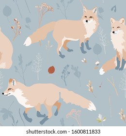 Three fluffy beige foxes on a light blue background seamless vector illustration. Picture with forest animals, leaves, flowers, grass, branches. Endless pattern. EPS 10