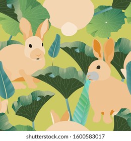 Three fluffy beige rabbits surround large green leaves on a chartreuse background. Seamless vector illustration. Picture with forest and domestic animals. Pet in cabbage garden endless pattern.