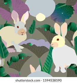 Three fluffy cream rabbits surround large green kelly and lilac leaves on a grey background. Seamless vector illustration. Picture with forest and domestic animals. Pet in cabbage garden