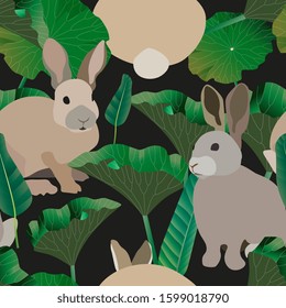 Three fluffy cream rabbits surround large green leaves on a black background. Seamless vector illustration. Picture with forest and domestic animals. Pet in cabbage garden
endless pattern. EPS 10