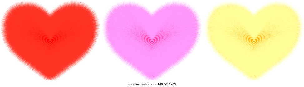 Three fluffy cute multicolored hearts