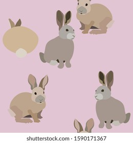 Three fluffy grey rabbits on a tender pink background seamless vector illustration. Picture with forest and domestic animals. Endless pattern. EPS 10