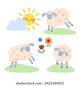 Three fluffy happy sheep graze in farmer's meadow among flowers and sun and clouds. Cute vector baby illustration on white isolated background in cartoon style.