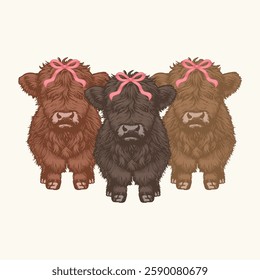 Three Fluffy Highland Cows Retro vintage T-shirt Design