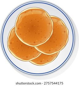 Three fluffy pancakes with syrup, top-down vector illustration, clean lines, soft shadows