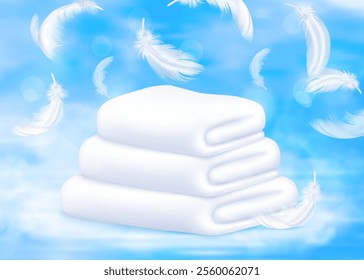 Three fluffy white towels stacked on a soft blue background with floating white feathers, creating a serene and calming atmosphere.