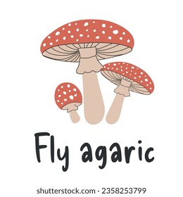 Three fly agaric in cartoon style on a white background. Fly agaric vector graphics illustrator. Autumn, mushroom season