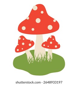 Three Fly Agaric mushrooms with green grass isolated on white background. Flat vector illustration.