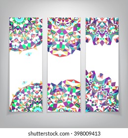 Three flyer with asymmetrical abstract elements and space for text in the center