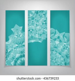 Three flyer with kaleidoscopic projection of geometric shapes in blue tone. Relatively smooth shapes on the surface of most of the flyer