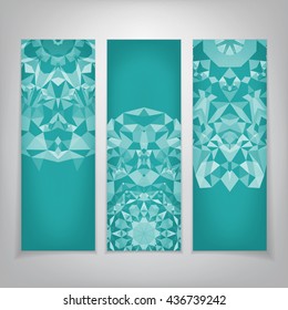 Three flyer with kaleidoscopic projection of geometric shapes in blue tone. Relatively sharp shapes on the surface of most of the flyer