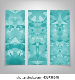 Three flyer with kaleidoscopic projection of geometric shapes in blue tone. Smooth shapes on the whole surface of the banner