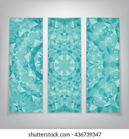 Three flyer with kaleidoscopic projection of geometric shapes in blue tone. Relatively smooth shape