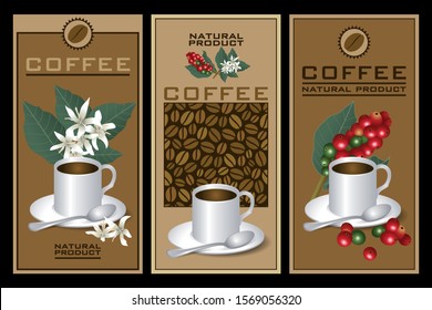 Three flyer with vector images, to promote natural coffee productions.