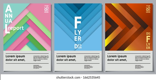 Three flyers templates with abstract colored paper pattern. Collection of minimalistic designs what useful for business or annual report. Eye-catching layouts with space for text. Vector illustration