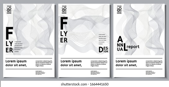 Tres plantillas de volantes con formas de líquido gris abstracto. Recopilación de diseños minimalistas útiles para los informes empresariales o anuales. Ilustración vectorial.