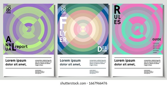 Three flyers templates with abstract radial sonar pattern. Collection of minimalistic designs what useful for scientific or business brochures. Layouts with space for text. Vector illustration.