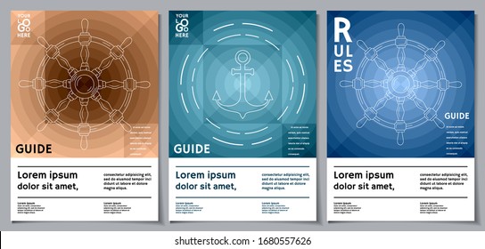 Three flyers templates with radial pattern, anchor and boat wheel. Collection of minimalistic designs what useful for water transportation brochures. Eye-catching vector layouts with space for text.
